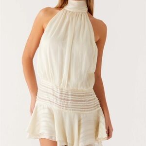 Peppermayo Cream Halter Ruffled Mini Dress
